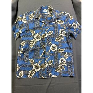 Makapuu Sportswear Men Blue Hawaiian Hibiscus Print Button Shirt Made Hawaii  M